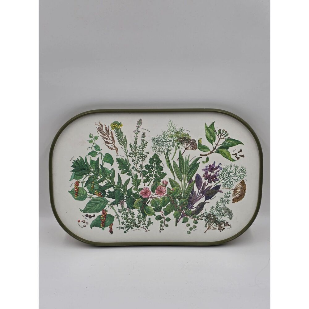 Melamine Serving Tray 16x11 Botanical Culinary Herbs Spices Olive-Green Rim VTG